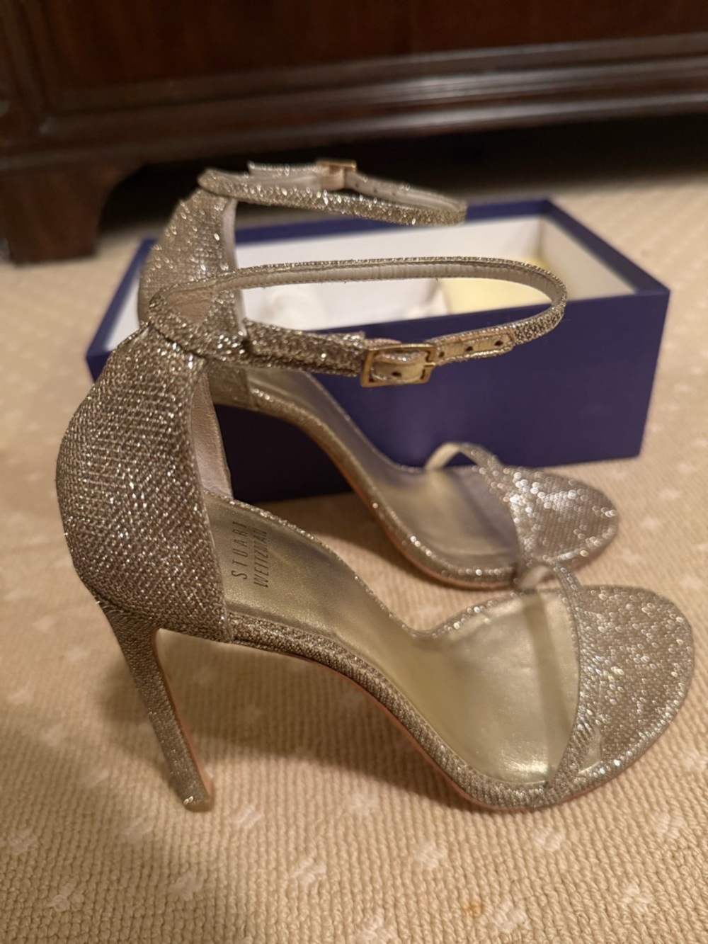 Stuart Weitzman Glittery Silver Ankle-Strap Stiletto Sandals